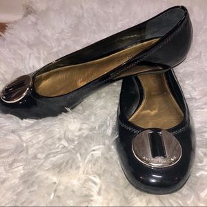 Antonio Melani black slip on silver buckled flats